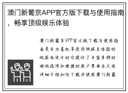 澳门新葡京APP官方版下载与使用指南，畅享顶级娱乐体验